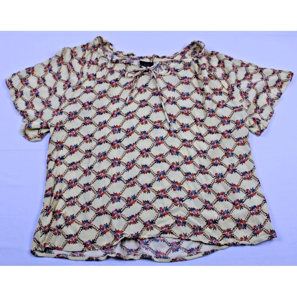 MOD Style Women's Floral Peasant Blouse Size Large Cream Boho Short Sleeve